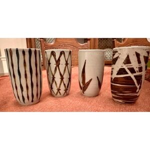 Vintage Japanese Stoneware Yunomi Tea Cups – Hand-Painted Bamboo Lattice Design